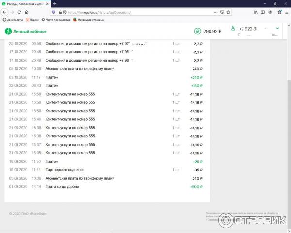 Выписка из личного кабинета расходов клиента Мегагафона